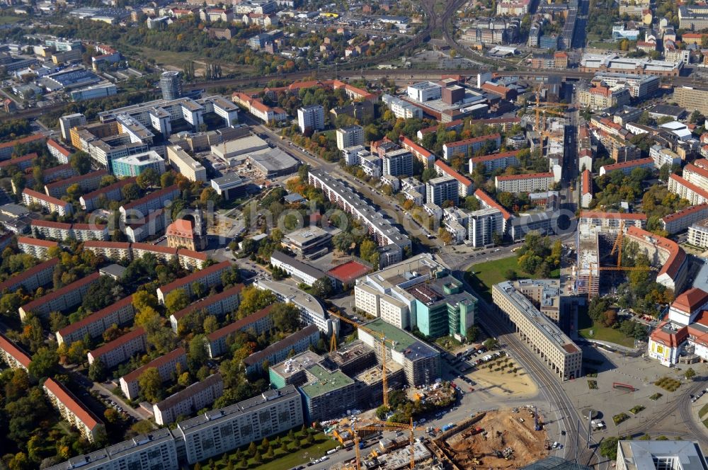 Aerial image Dresden - Construction site to build a new multi-family residential complex Residenz on Postplatz of Consus Real Estate AG (ehemals CG Gruppe AG) on Annenstrasse in the district Altstadt in Dresden in the state Saxony, Germany