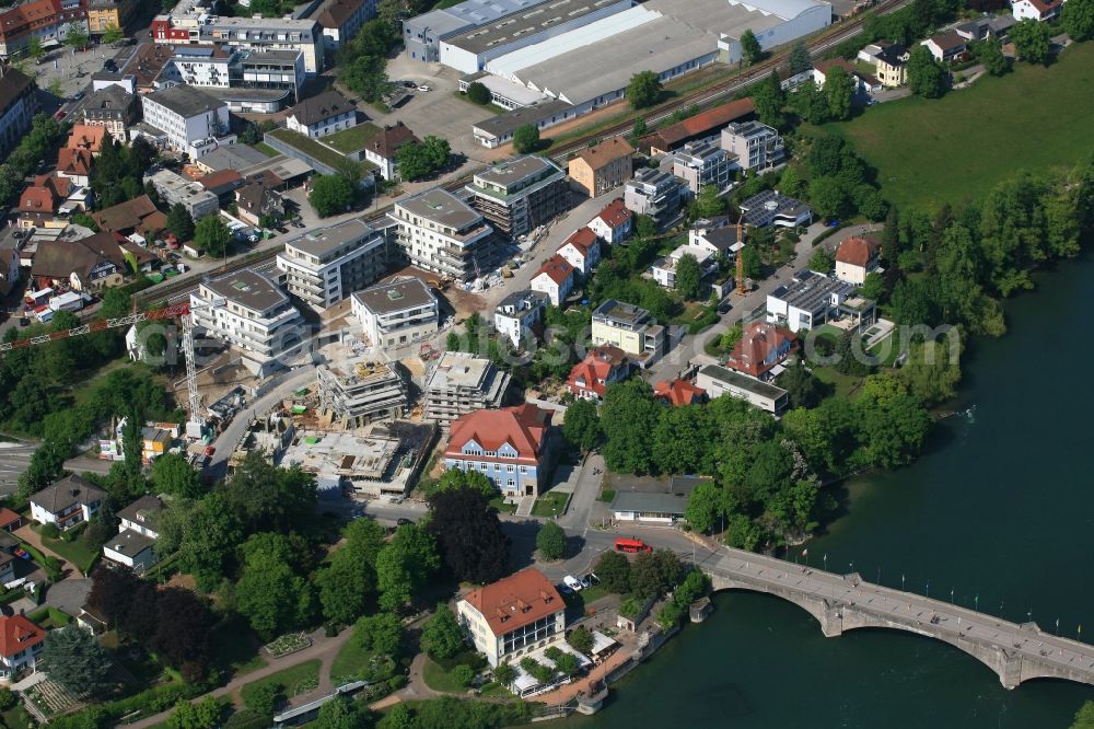 Rheinfelden (Baden) from above - Construction site to build a new multi-family residential complex at the border to Switzerland and river Rhine in Rheinfelden (Baden) in the state Baden-Wuerttemberg, Germany