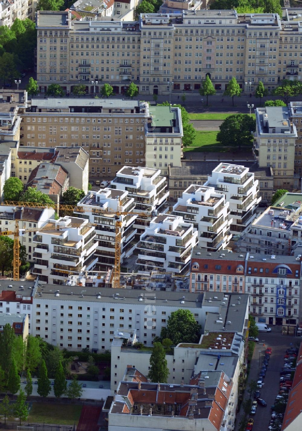 Berlin, Friedrichshain from above - Construction site to build a new multi-family residential complex on Rigaer Strasse - Liebigstrasse in Friedrichshain destrict of Berlin in Germany