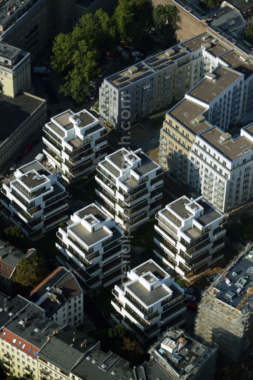 Aerial photograph Berlin - Construction site to build a new multi-family residential complex on Rigaer Strasse - Liebigstrasse in Friedrichshain destrict of Berlin in Germany