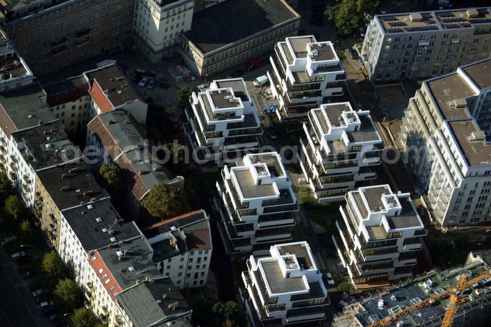 Berlin from above - Construction site to build a new multi-family residential complex on Rigaer Strasse - Liebigstrasse in Friedrichshain destrict of Berlin in Germany