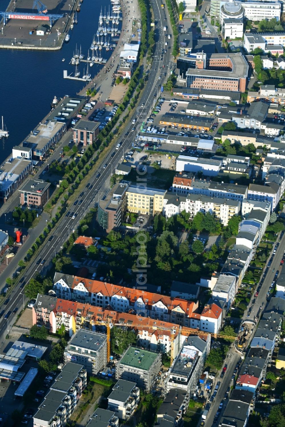 Aerial image Rostock - Construction site to build a new multi-family residential complex on Warnowufer in Rostock in the state Mecklenburg - Western Pomerania, Germany