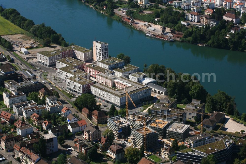 Aerial image Rheinfelden - Construction site for building a new multi-family residential complex Salmen Park on a former brewery site in Rheinfelden in Switzerland at the river Rhine