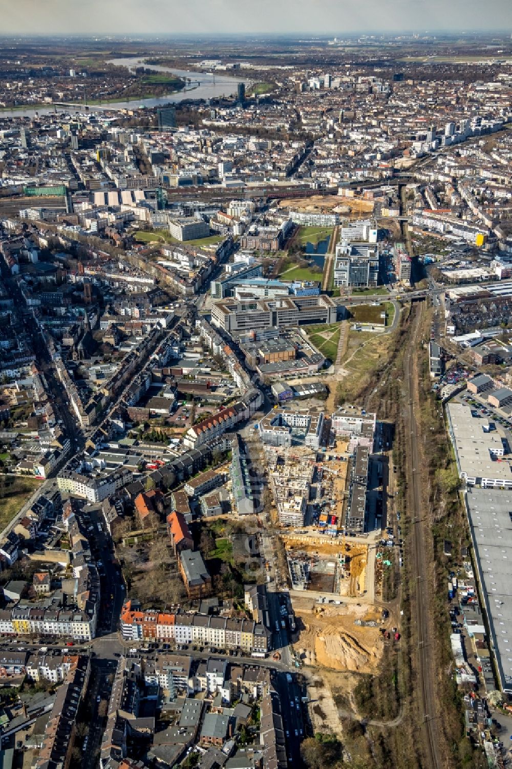 Aerial image Düsseldorf - Construction site to build a new multi-family residential complex Schoeffenhoefe of Vivawest Wohnen GmbH on Mindener Strasse in Duesseldorf in the state North Rhine-Westphalia, Germany