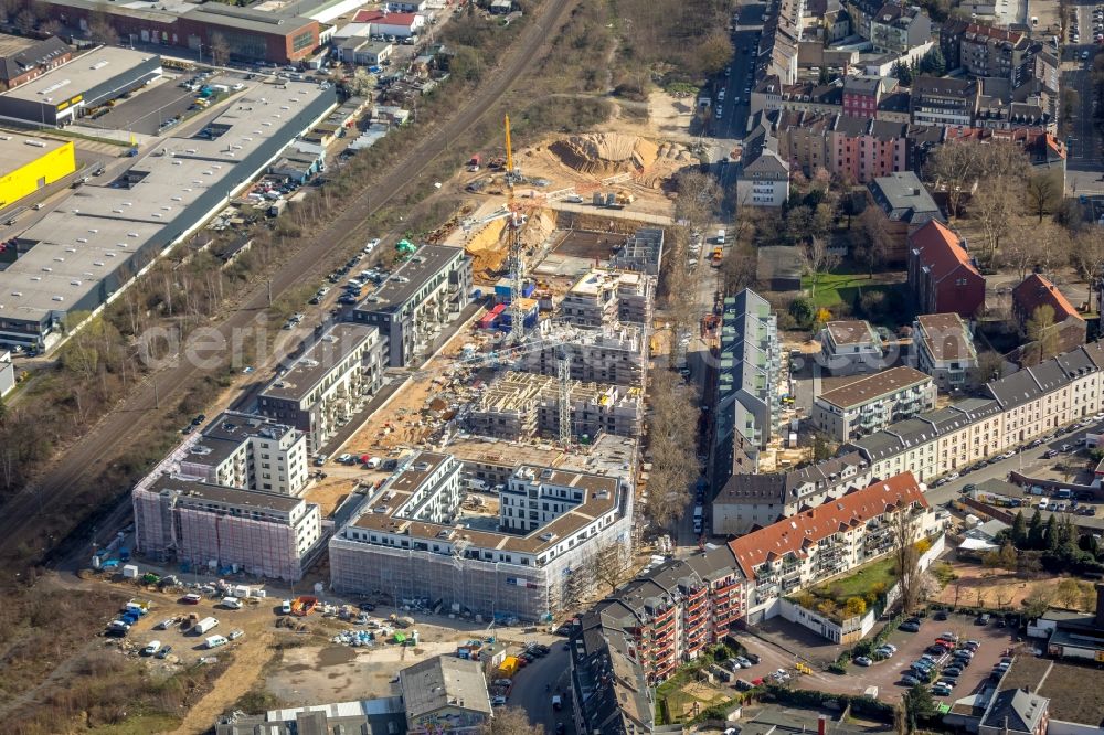 Aerial image Düsseldorf - Construction site to build a new multi-family residential complex Schoeffenhoefe of Vivawest Wohnen GmbH on Mindener Strasse in Duesseldorf in the state North Rhine-Westphalia, Germany