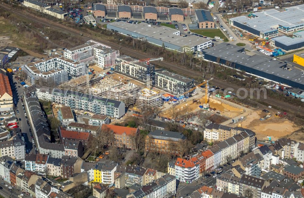 Aerial image Düsseldorf - Construction site to build a new multi-family residential complex Schoeffenhoefe of Vivawest Wohnen GmbH on Mindener Strasse in Duesseldorf in the state North Rhine-Westphalia, Germany