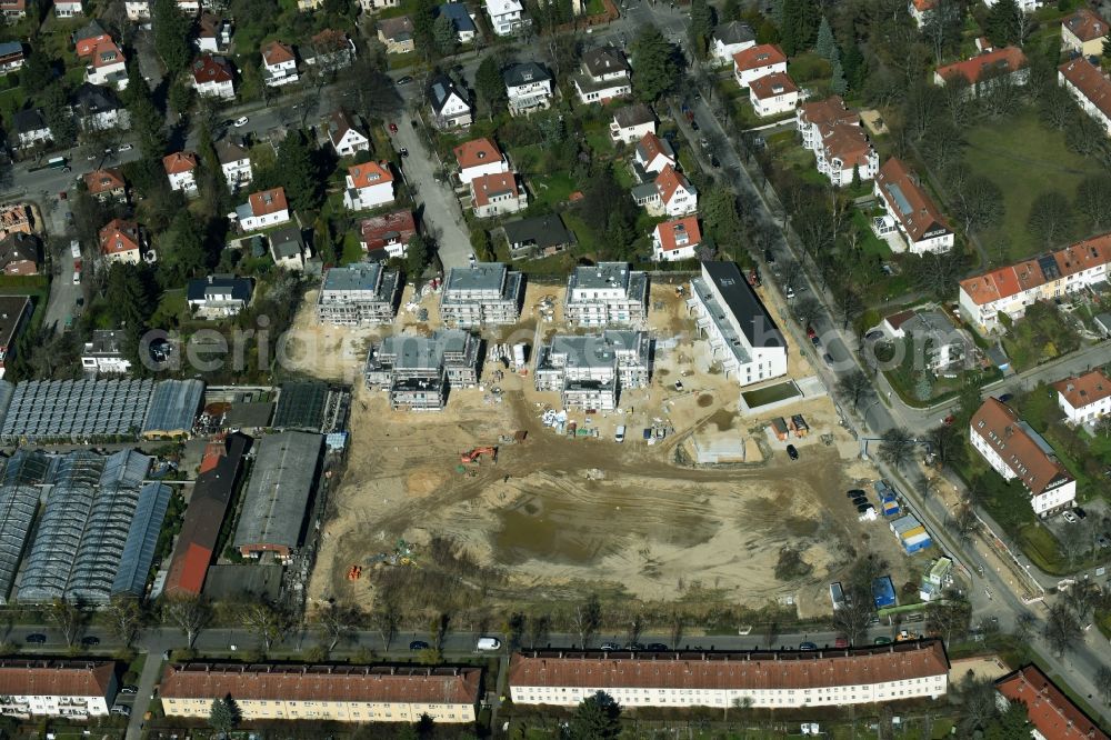 Berlin from above - Construction site to build a new multi-family residential complex of Schmohl + Sohn Bauunternehmung GmbH an der Sundgauer Strasse - Schlettstadter Strasse in Berlin in Germany