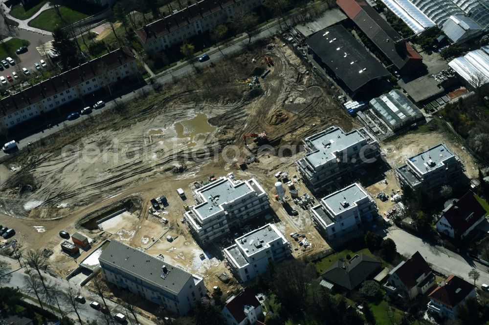 Berlin from above - Construction site to build a new multi-family residential complex of Schmohl + Sohn Bauunternehmung GmbH an der Sundgauer Strasse - Schlettstadter Strasse in Berlin in Germany