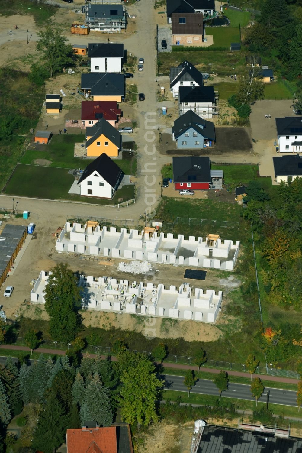 Aerial image Bernau - Construction site to build a new multi-family residential complex Schoenower Chaussee corner Konrad-Zuse-Strasse in Bernau in the state Brandenburg, Germany