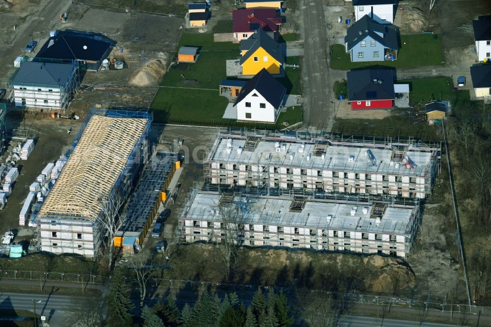 Bernau from above - Construction site to build a new multi-family residential complex Schoenower Chaussee corner Konrad-Zuse-Strasse in Bernau in the state Brandenburg, Germany