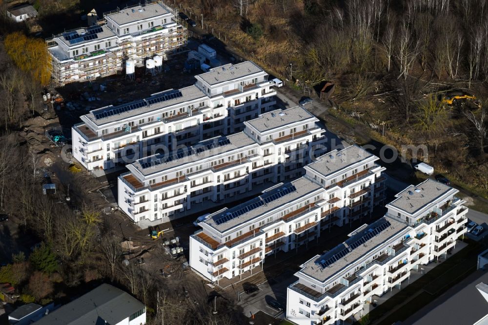 Berlin from the bird's eye view: Construction site to build a new multi-family residential complex An der Schule destrict Mahlsdorf in Berlin