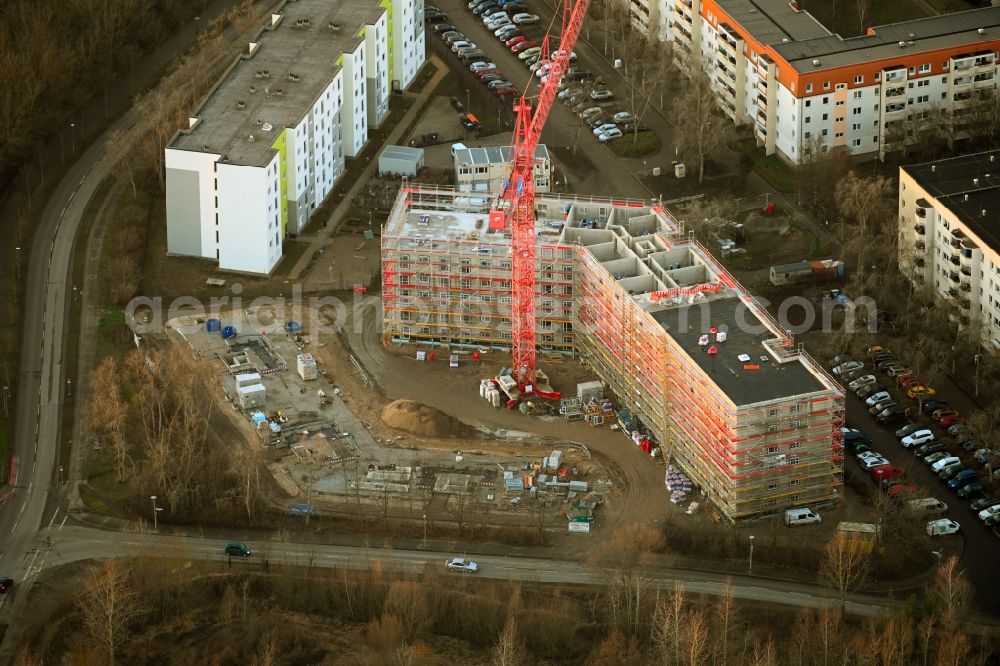 Berlin from above - Construction site to build a new multi-family residential complex on Seehausener Strasse corner Pablo-Picasso-Strasse in the district Hohenschoenhausen in Berlin, Germany