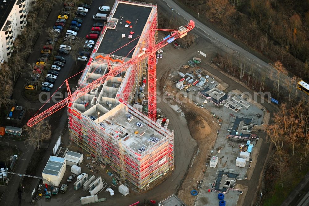 Berlin from above - Construction site to build a new multi-family residential complex on Seehausener Strasse corner Pablo-Picasso-Strasse in the district Hohenschoenhausen in Berlin, Germany