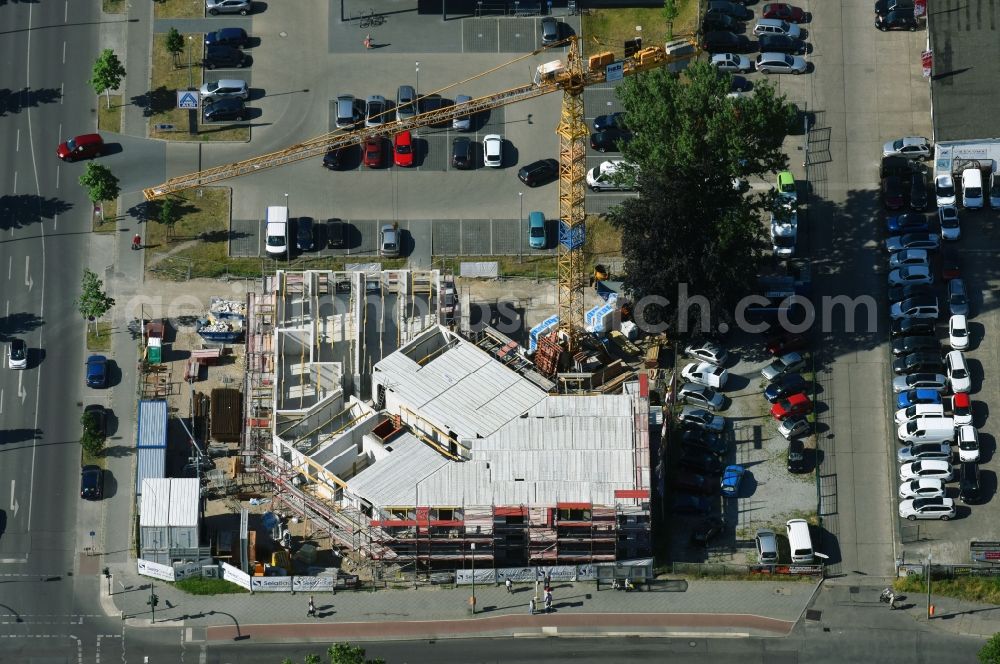 Berlin from the bird's eye view: Construction site to build a new multi-family residential complex of SelaGroup GmbH on Lueckstrasse corner Rummelsburger Strasse in the district Lichtenberg in Berlin, Germany