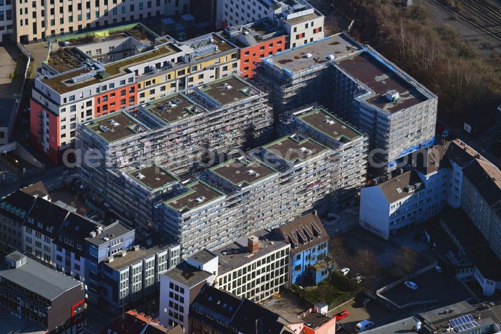 Essen from the bird's eye view: Construction site to build a new multi-family residential complex Selmastrasse - Henriettenstrasse - Hachestrasse in Essen in the state North Rhine-Westphalia