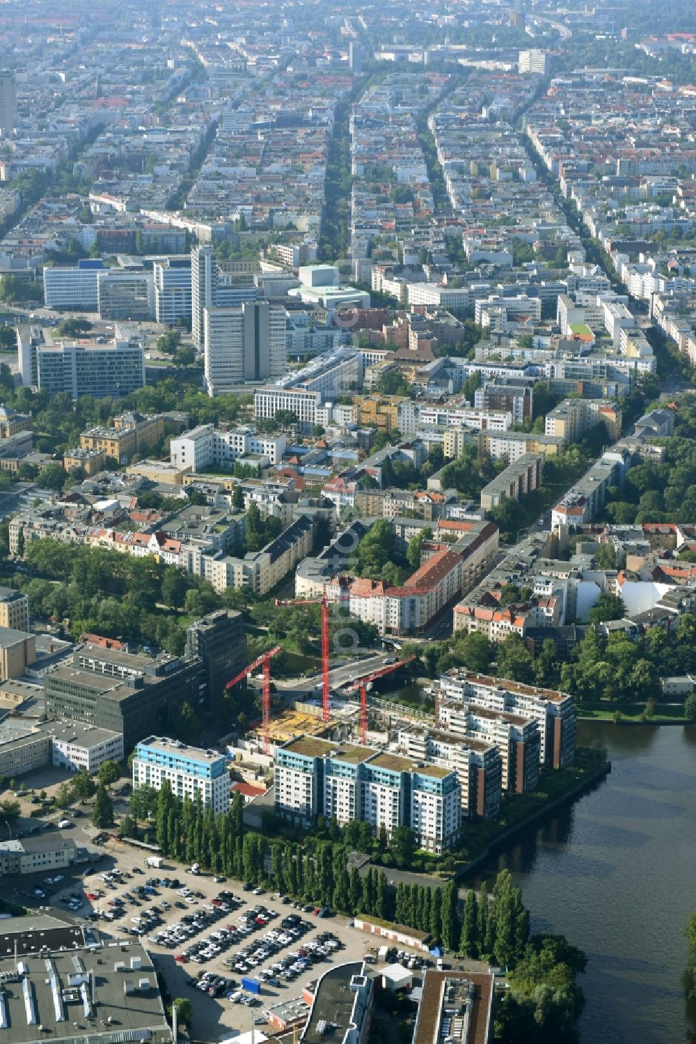 Aerial image Berlin - Construction site to build a new multi-family residential complex Spree-One of OPTIMA-AEGIDIUS-FIRMENGRUPPE Nymphenburger Beteiligungs AG on Dovestrasse in the district Charlottenburg-Wilmersdorf in Berlin, Germany