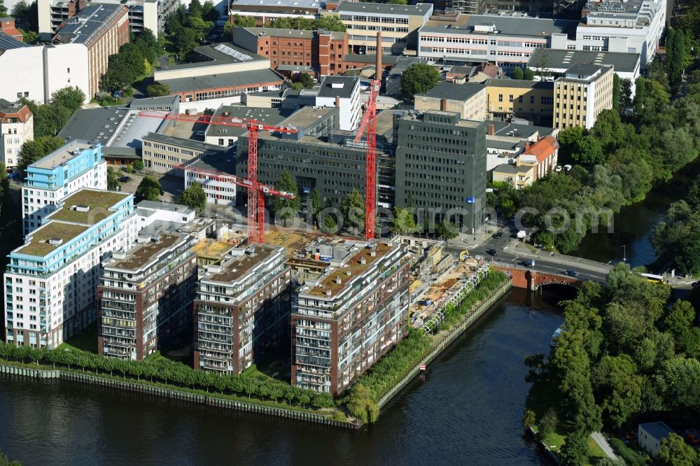 Berlin from above - Construction site to build a new multi-family residential complex Spree-One of OPTIMA-AEGIDIUS-FIRMENGRUPPE Nymphenburger Beteiligungs AG on Dovestrasse in the district Charlottenburg-Wilmersdorf in Berlin, Germany