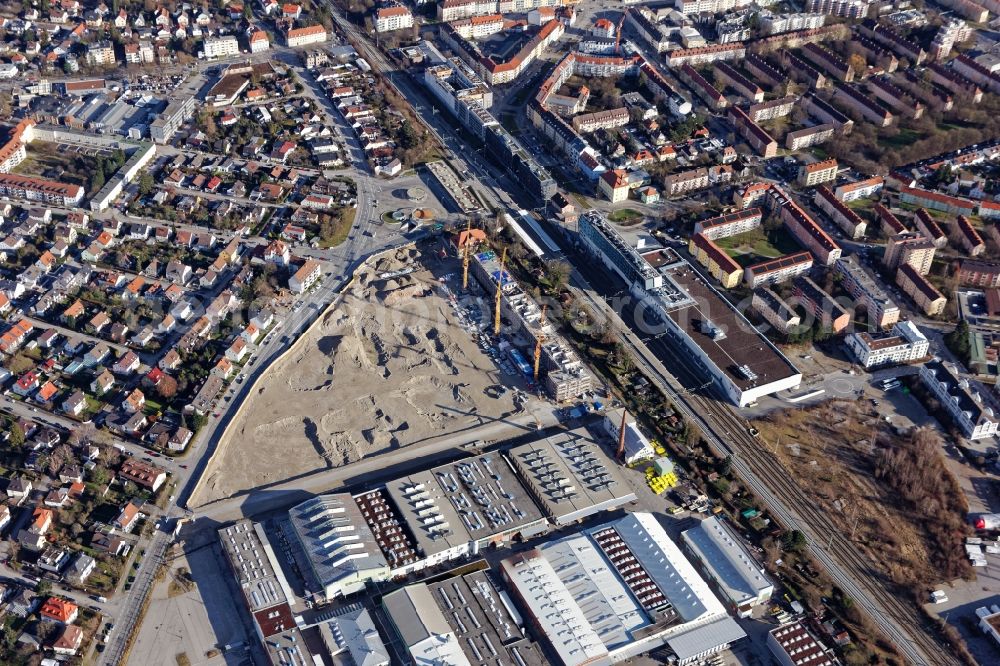 München from above - Construction site to build a new multi-family residential complex Stadtquartier Paul-Gerhardt-Allee - Berduxstrasse - Hildachstrasse in the district Pasing-Obermenzing in Munich in the state Bavaria, Germany