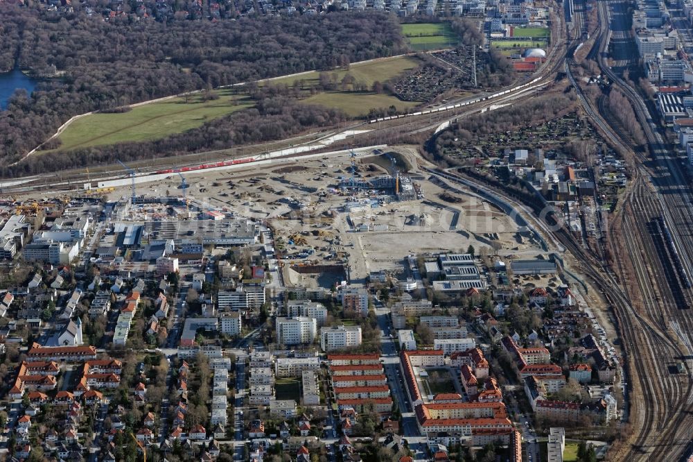 München from the bird's eye view: Construction site to build a new multi-family residential complex Stadtquartier Paul-Gerhardt-Allee - Berduxstrasse - Hildachstrasse in the district Pasing-Obermenzing in Munich in the state Bavaria, Germany