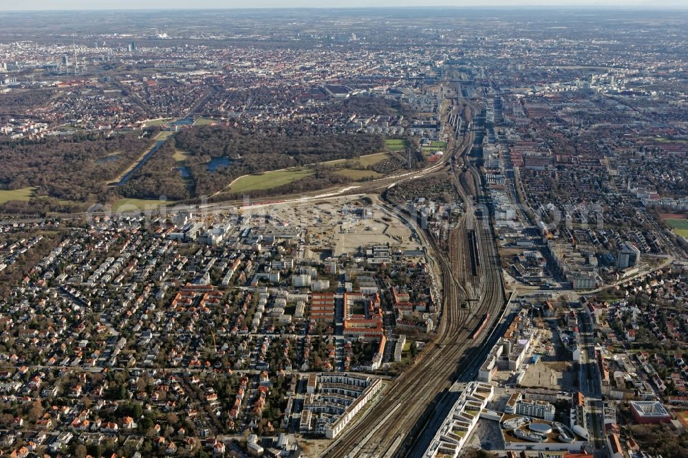 Aerial image München - Construction site to build a new multi-family residential complex Stadtquartier Paul-Gerhardt-Allee - Berduxstrasse - Hildachstrasse in the district Pasing-Obermenzing in Munich in the state Bavaria, Germany