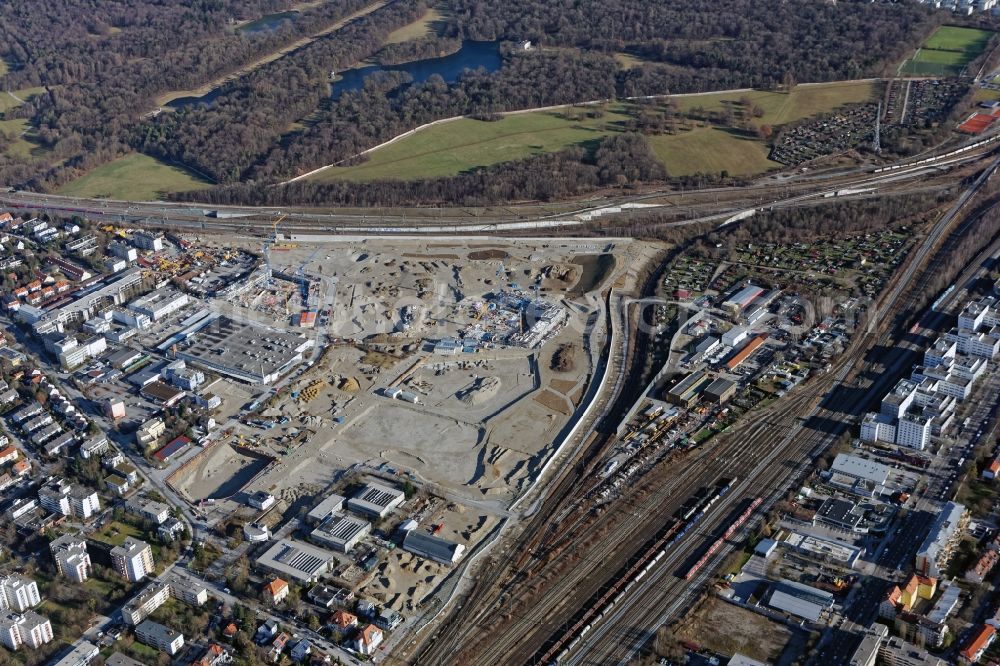 München from above - Construction site to build a new multi-family residential complex Stadtquartier Paul-Gerhardt-Allee - Berduxstrasse - Hildachstrasse in the district Pasing-Obermenzing in Munich in the state Bavaria, Germany