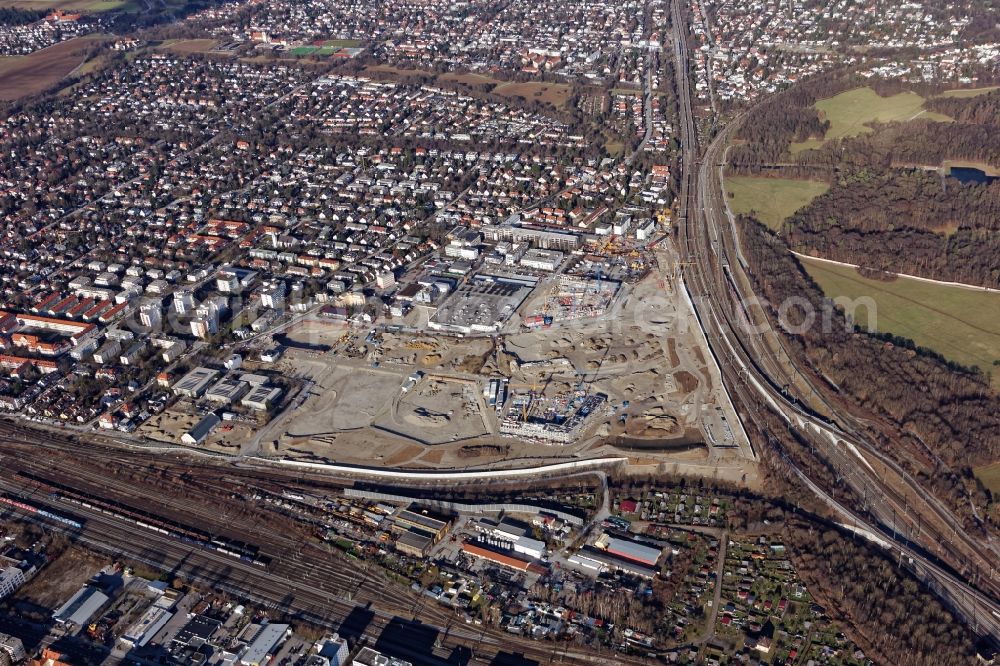 München from the bird's eye view: Construction site to build a new multi-family residential complex Stadtquartier Paul-Gerhardt-Allee - Berduxstrasse - Hildachstrasse in the district Pasing-Obermenzing in Munich in the state Bavaria, Germany