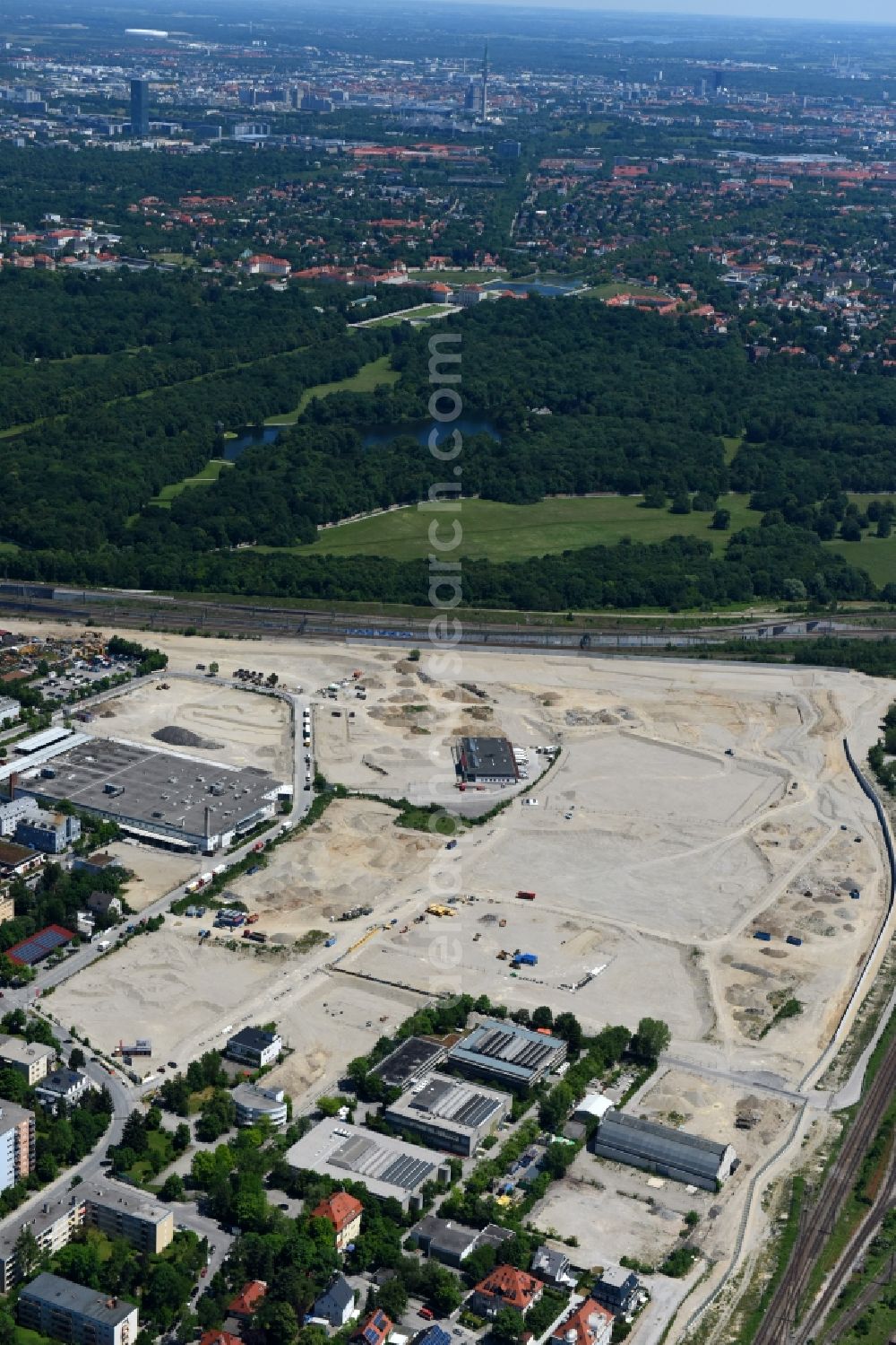 München from above - Construction site to build a new multi-family residential complex Stadtquartier Paul-Gerhardt-Allee - Berduxstrasse - Hildachstrasse in the district Pasing-Obermenzing in Munich in the state Bavaria, Germany