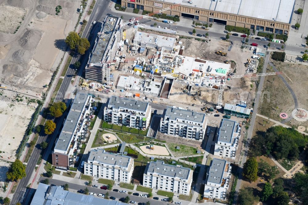 Berlin from above - Construction site to build a new multi-family residential complex of Bonava Deutschland GmbH in of Weissenhoeher Strasse destrict Biedorf in Berlin, Germany