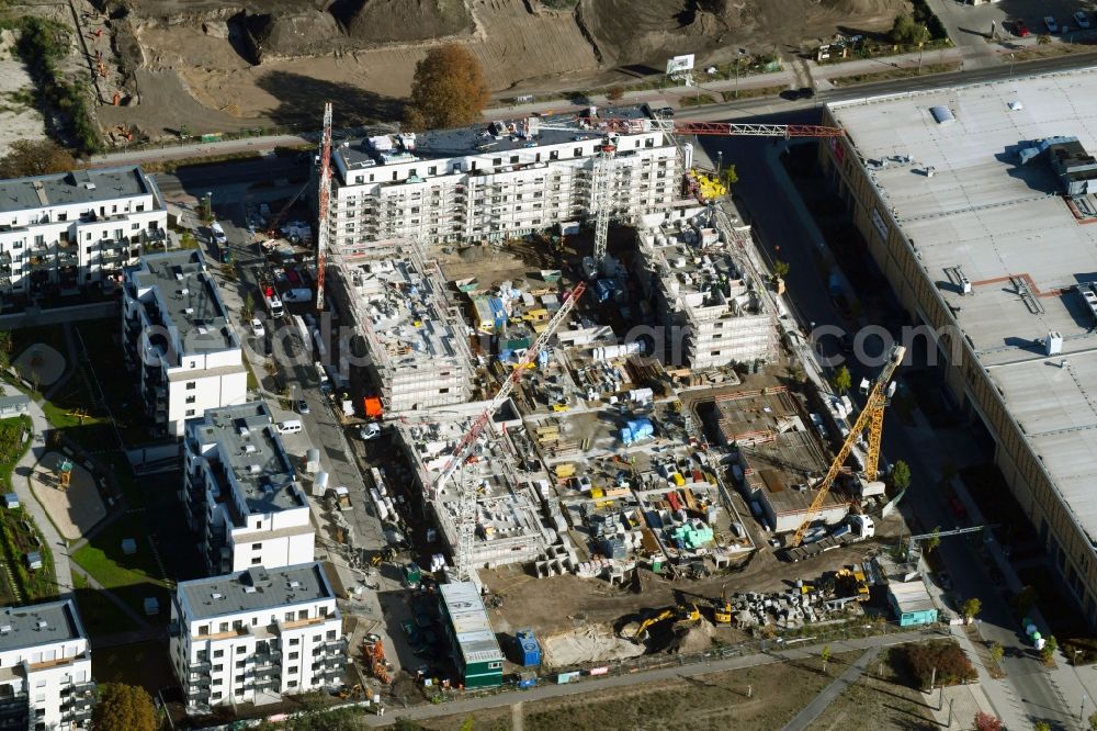 Berlin from above - Construction site to build a new multi-family residential complex of Bonava Deutschland GmbH in of Weissenhoeher Strasse destrict Biedorf in Berlin, Germany