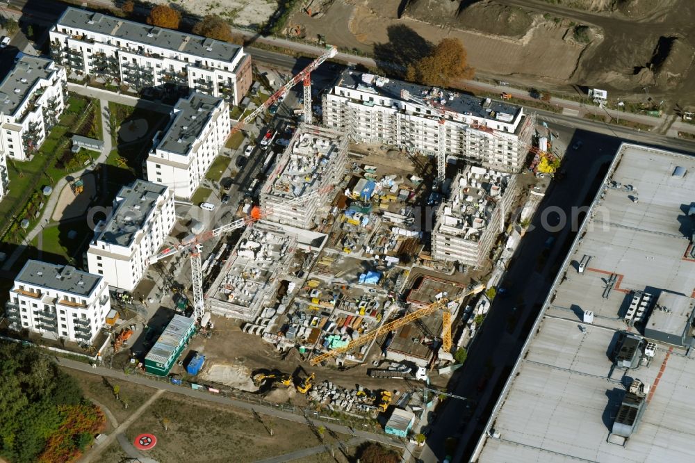 Berlin from above - Construction site to build a new multi-family residential complex of Bonava Deutschland GmbH in of Weissenhoeher Strasse destrict Biedorf in Berlin, Germany