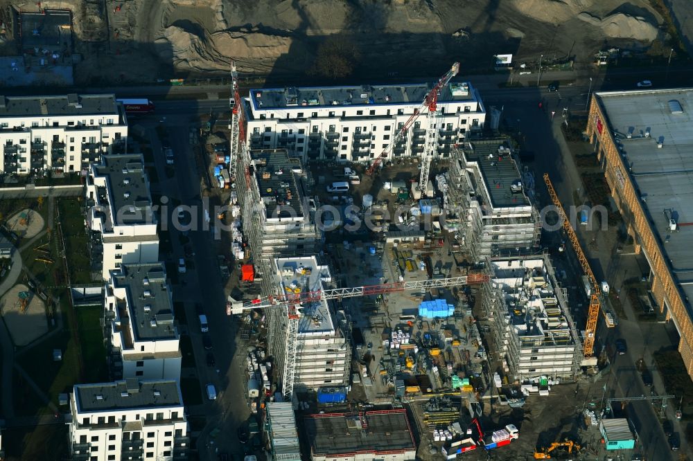 Berlin from above - Construction site to build a new multi-family residential complex of Bonava Deutschland GmbH in of Weissenhoeher Strasse destrict Biedorf in Berlin, Germany