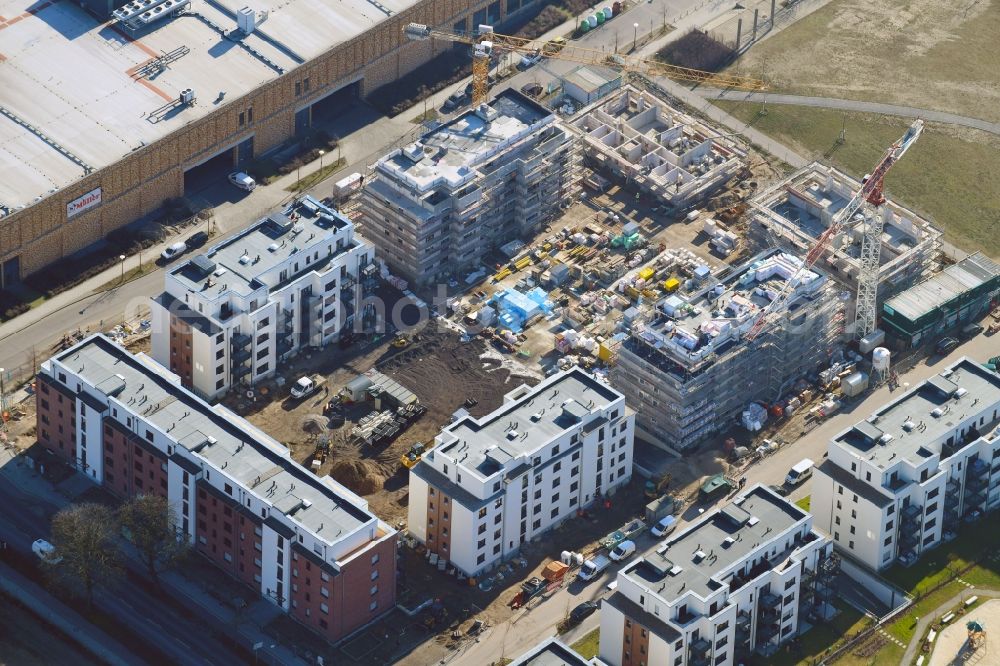 Berlin from above - Construction site to build a new multi-family residential complex of Bonava Deutschland GmbH in of Weissenhoeher Strasse destrict Biedorf in Berlin, Germany