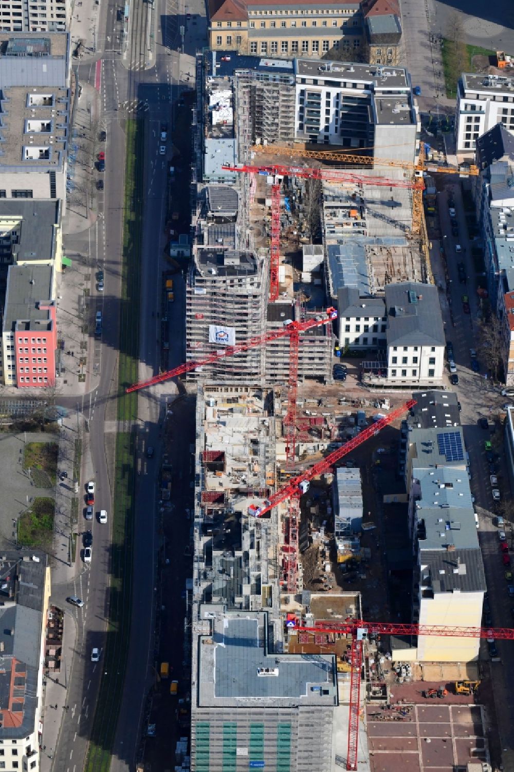 Magdeburg from above - Construction site to build a new multi-family residential complex Breiter Weg - Danzstrasse in Magdeburg in the state Saxony-Anhalt, Germany