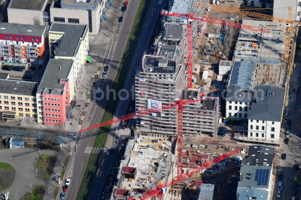 Magdeburg from the bird's eye view: Construction site to build a new multi-family residential complex Breiter Weg - Danzstrasse in Magdeburg in the state Saxony-Anhalt, Germany