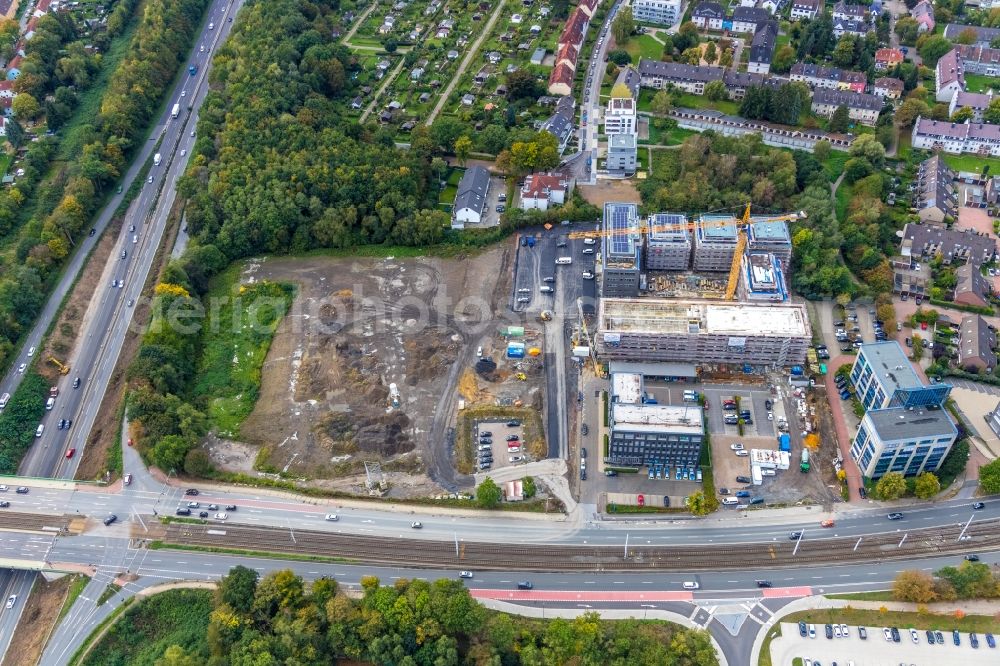 Aerial photograph Bochum - Construction site to build a new multi-family residential complex Seven Stones on Universitaetsstrasse in the district Wiemelhausen in Bochum in the state North Rhine-Westphalia, Germany