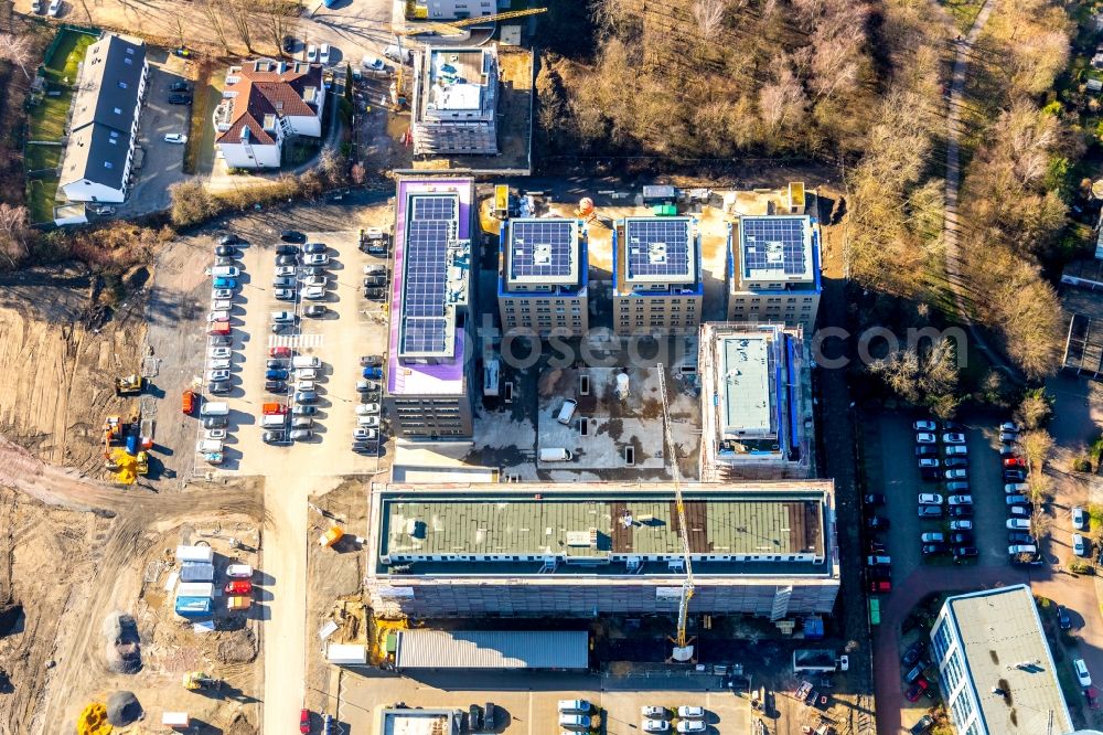 Aerial photograph Bochum - Construction site to build a new multi-family residential complex Seven Stones on Universitaetsstrasse in the district Wiemelhausen in Bochum in the state North Rhine-Westphalia, Germany