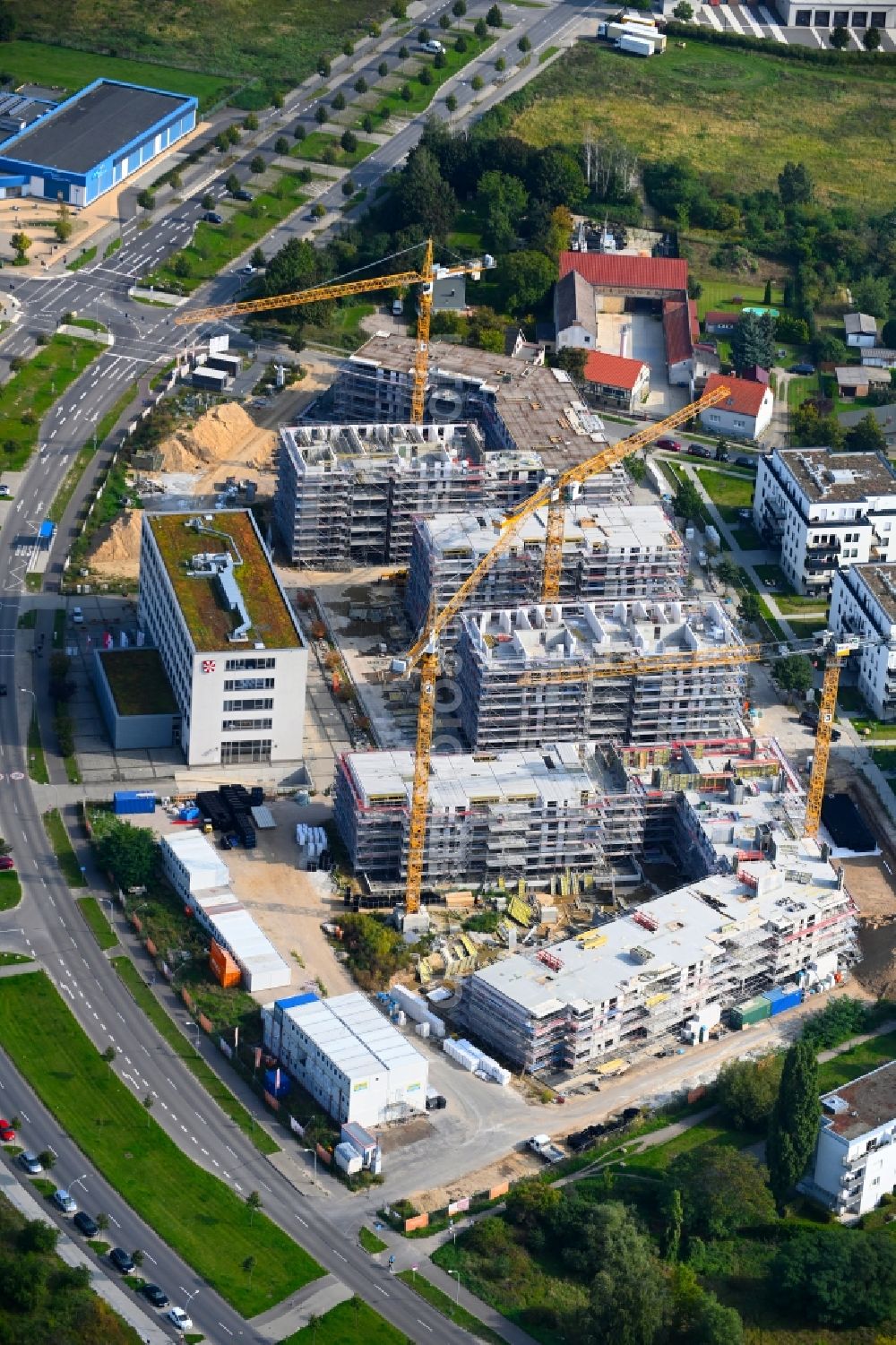 Schönefeld from above - Construction site to build a new multi-family residential complex of STRABAG SE on Rathausgasse - Alt Schoenefeld - Grossziethener Weg in Schoenefeld in the state Brandenburg, Germany