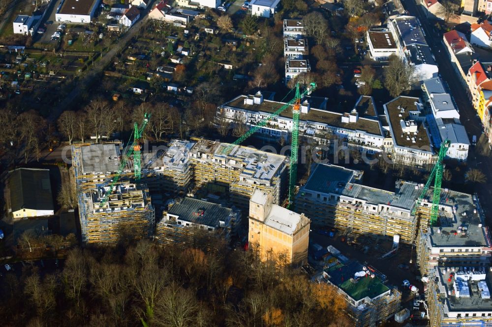 Oranienburg from the bird's eye view: Construction site to build a new multi-family residential complex of TAS KG on Lehnitzstrasse - Louise-Henriette-Steg in Oranienburg in the state Brandenburg, Germany