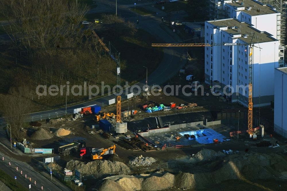 Berlin from the bird's eye view: Construction site to build a new multi-family residential complex Trusetaler Strasse corner Wuhletalstrasse in the district Marzahn in Berlin, Germany