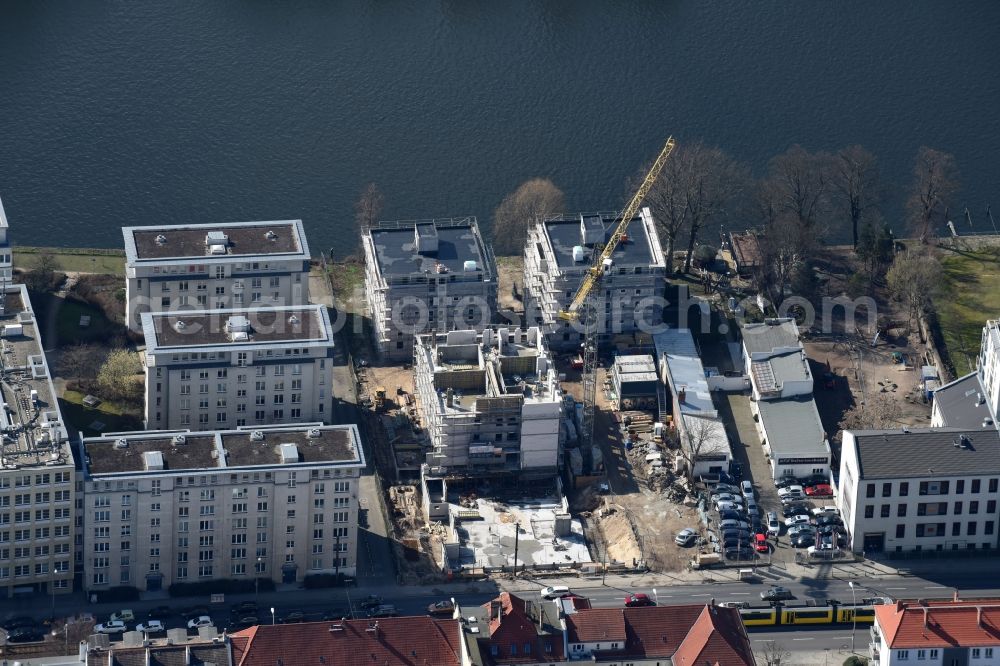 Berlin from the bird's eye view: Construction site to build a new multi-family residential complex at Koepenick Lindenstrasse in Berlin in Germany