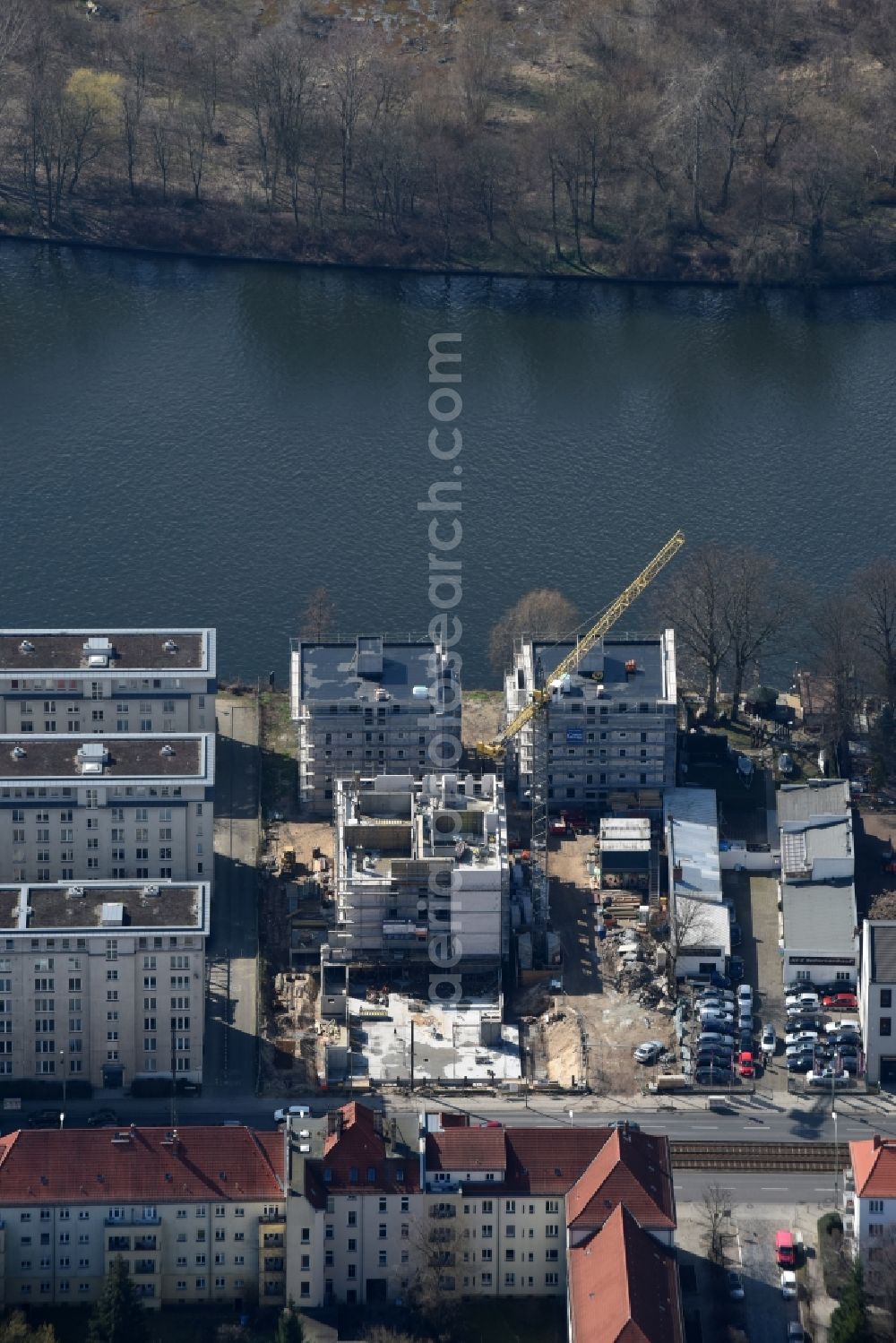 Aerial image Berlin - Construction site to build a new multi-family residential complex at Koepenick Lindenstrasse in Berlin in Germany