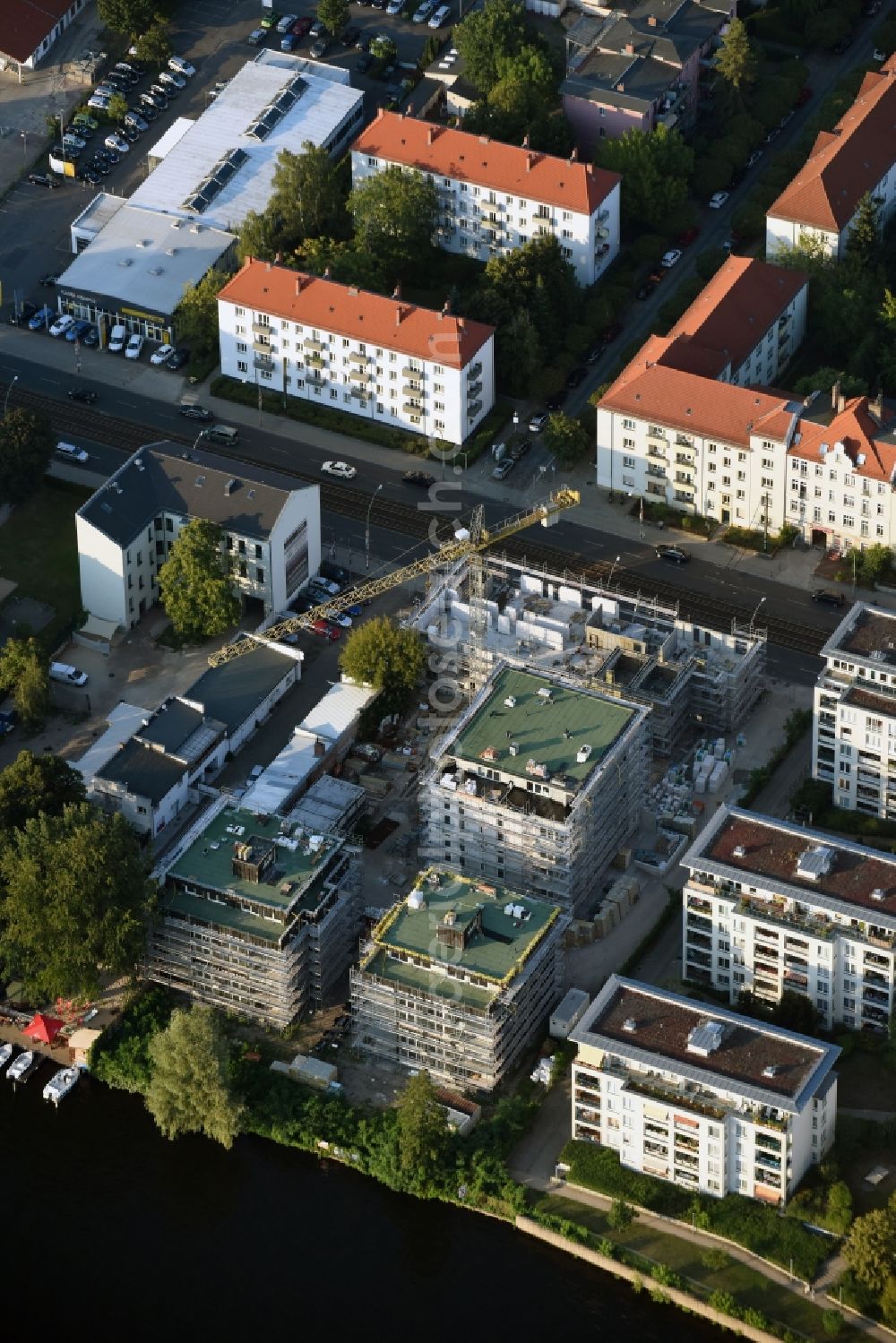 Aerial image Berlin - Construction site to build a new multi-family residential complex at Koepenick Lindenstrasse in Berlin in Germany