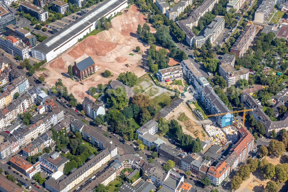 Aerial image Düsseldorf - Construction site to build a new multi-family residential complex Ulmer Hoeh' on Ulmenstrasse in Duesseldorf at Ruhrgebiet in the state North Rhine-Westphalia, Germany