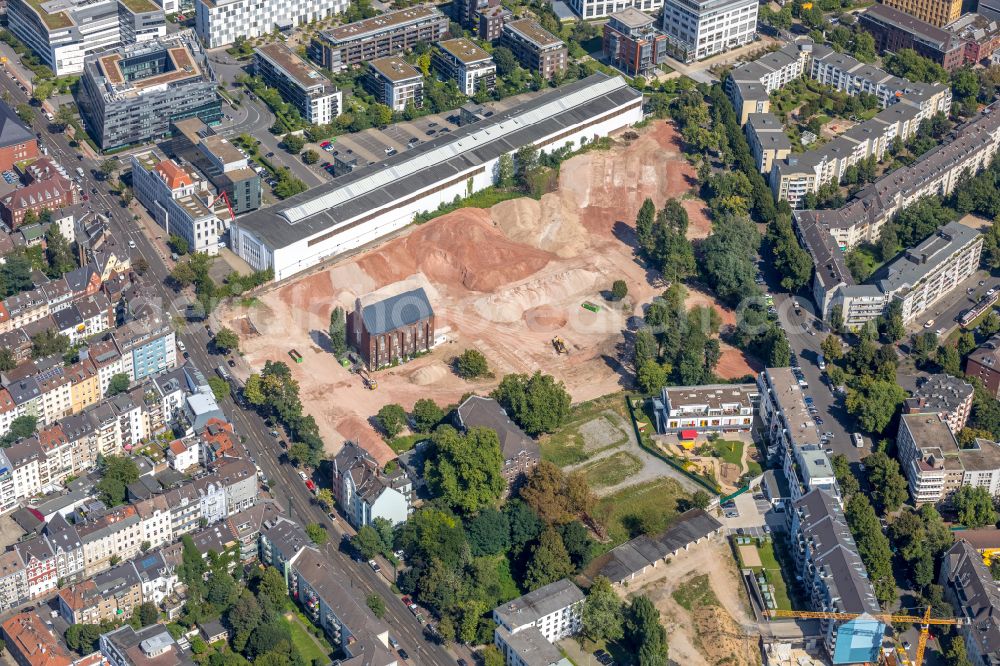 Düsseldorf from the bird's eye view: Construction site to build a new multi-family residential complex Ulmer Hoeh' on Ulmenstrasse in Duesseldorf at Ruhrgebiet in the state North Rhine-Westphalia, Germany