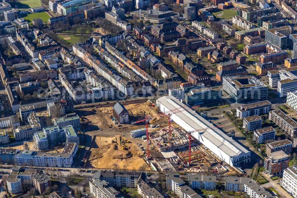 Aerial image Düsseldorf - Construction site to build a new multi-family residential complex Ulmer Hoeh' on Ulmenstrasse in Duesseldorf at Ruhrgebiet in the state North Rhine-Westphalia, Germany