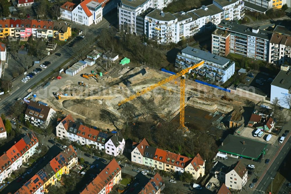 Nürnberg from above - Construction site to build a new multi-family residential complex Aeussere Bayreuther Strasse - Merianstrasse in the district Schleifweg in Nuremberg in the state Bavaria, Germany