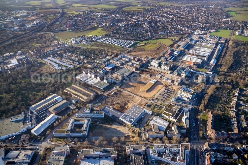 Aerial photograph Düsseldorf - Construction site to build a new multi-family residential complex Vierzig549 on Romy-Schneider-Strasse - Boehlerstrasse - Willstaetterstrasse in the district Heerdt in Duesseldorf in the state North Rhine-Westphalia, Germany