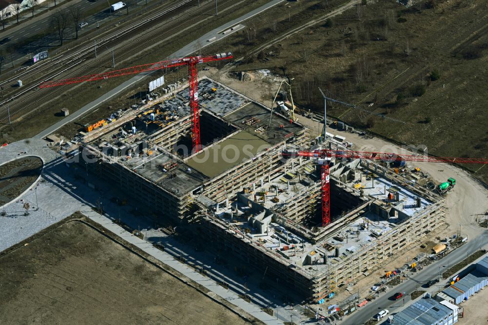 Aerial image Berlin - Construction site to build a new multi-family residential complex of the project Square 1 on Wagner-Regeny-Allee in the district Niederschoeneweide in Berlin, Germany