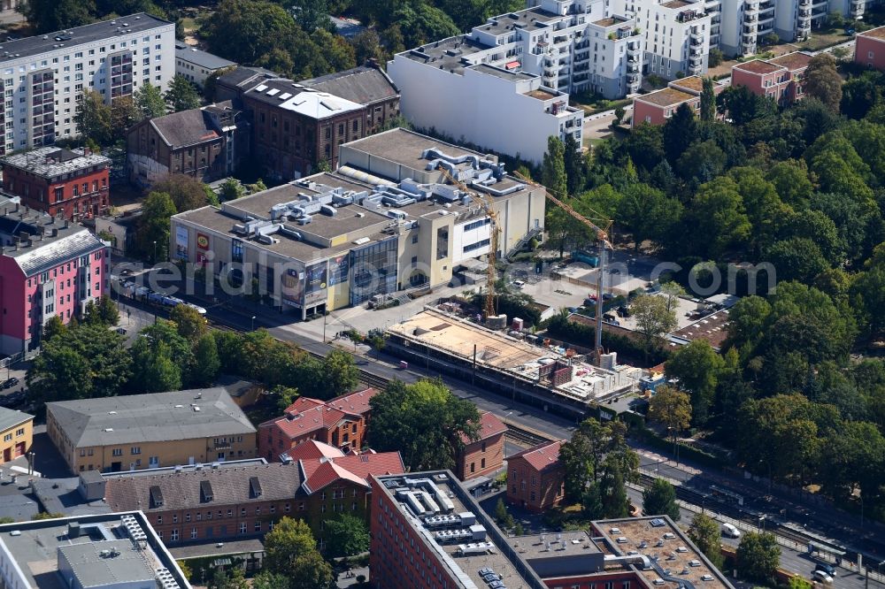 Berlin from above - Construction site to build a new multi-family residential complex Walden 48 on Landsberger Allee in the district Friedrichshain in Berlin, Germany