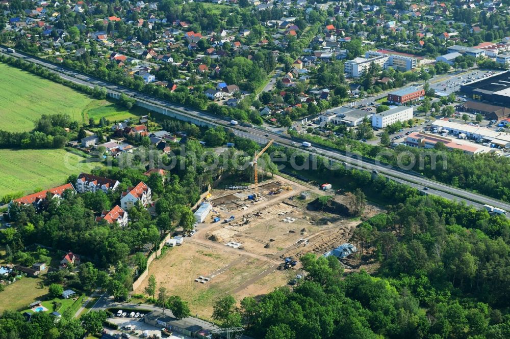 Bernau from above - Construction site to build a new multi-family residential complex Waldquartier Friedenstal-Bernau on Zepernicker Chaussee corner Lenastrasse in Bernau in the state Brandenburg, Germany